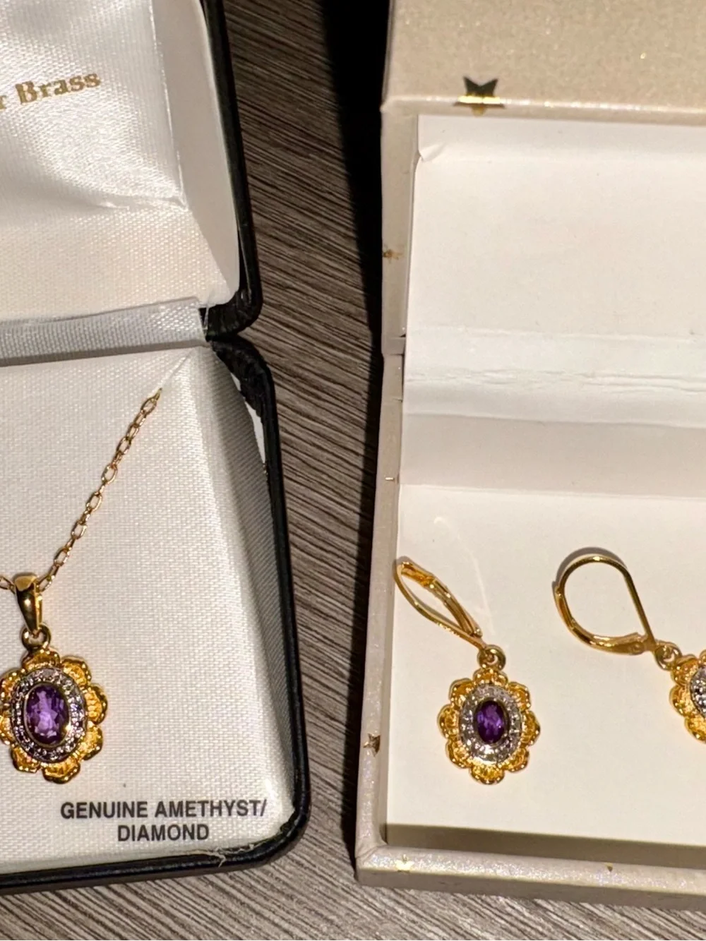 Gold-Plated Amethyst & Diamond Flower Pendant Necklace and Earrings Set
